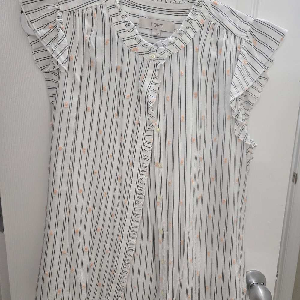 LOFT White And Grey With Peach Accents Striped Blouse